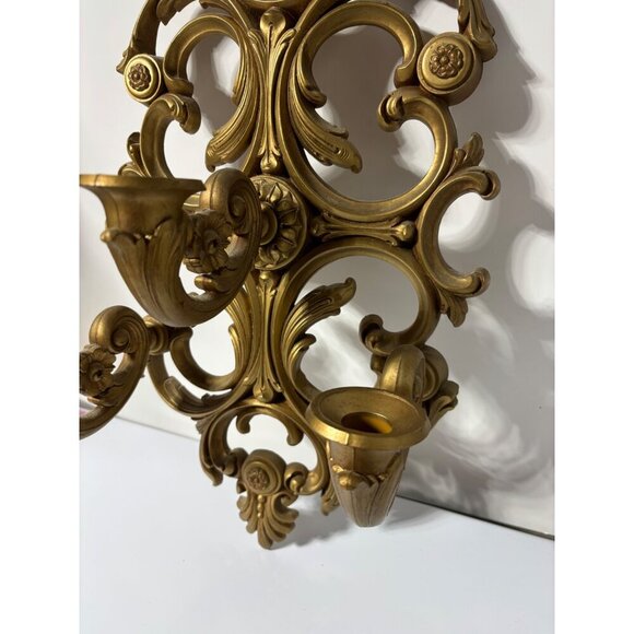 Vtg 1978 Syroco Triple Gold Ornate Wall Sconce Candle Holder Hollywood Regency - Picture 3 of 6